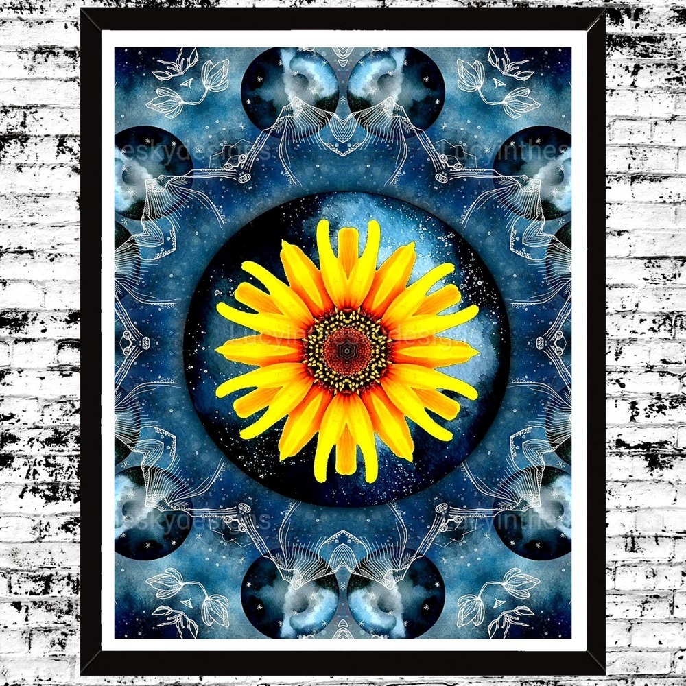 Art Print Blue Moon Sunflower Celestial Abstract Kaleidoscope Nature Universe
